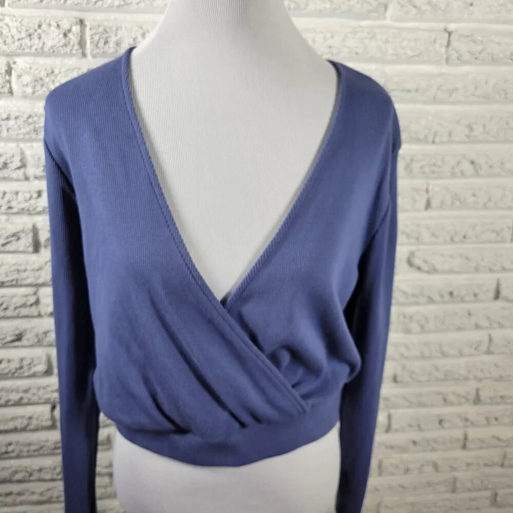 Forever 21 Women 0X Blue Sweater V Neck Cotton Blend Knit Long Sleeve BLU156E